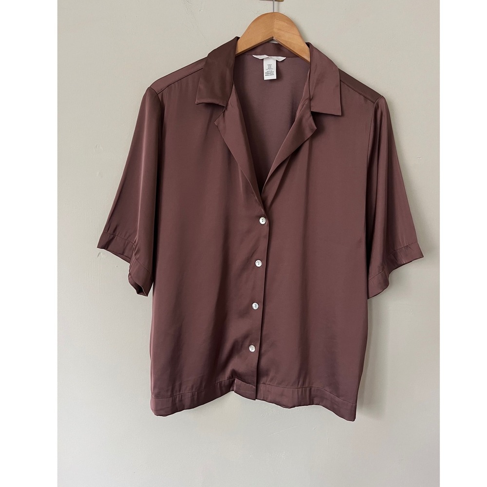 HM Satin Short Sleeve Button Down Shirt Mauve Brown Camp Collar Neutral Medium